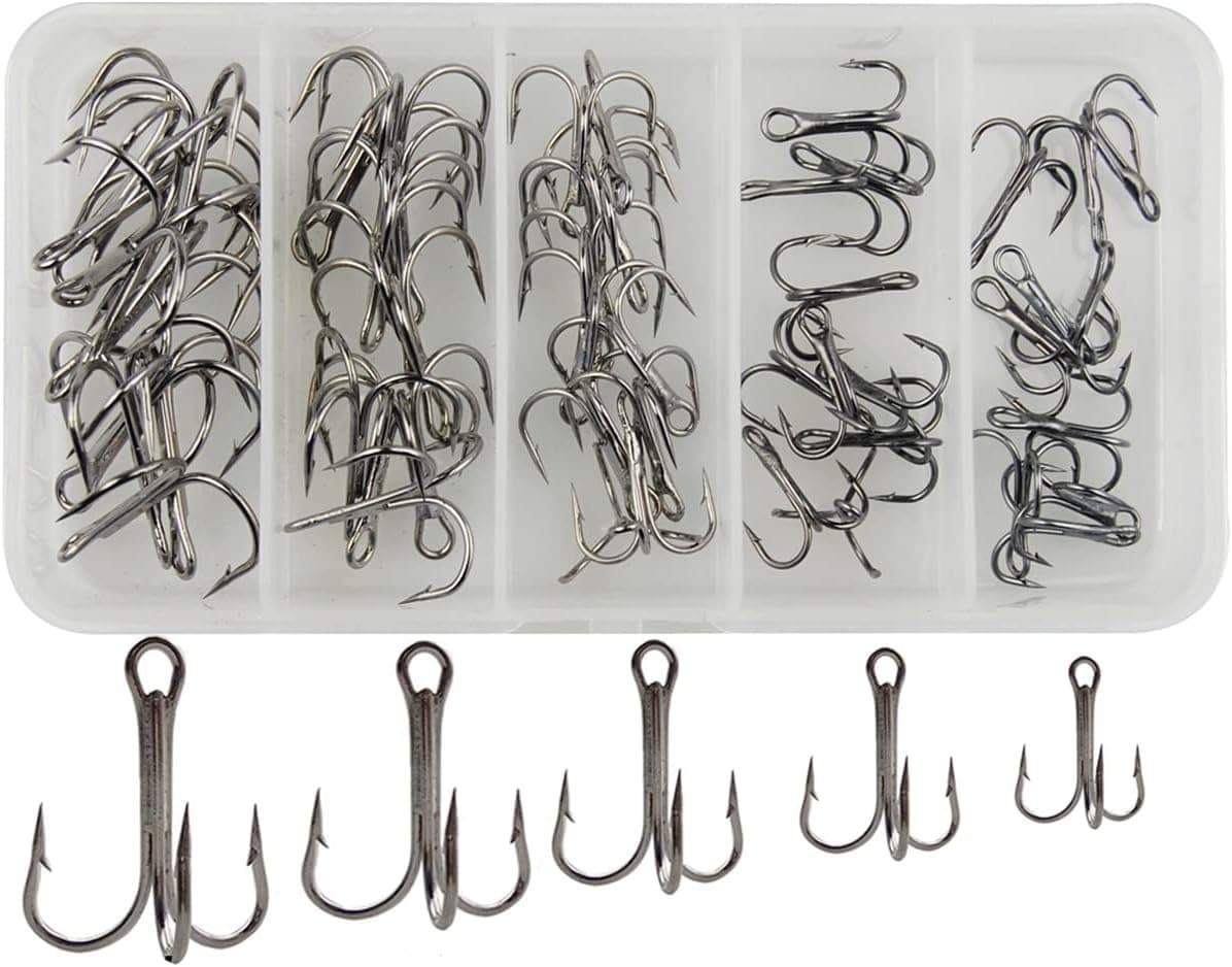 50pcs/Box Fishing Treble Hooks Set High Carbon Steel Sharp Ultra Strength Round Bend Treble Hooks for Freshwater Saltwater