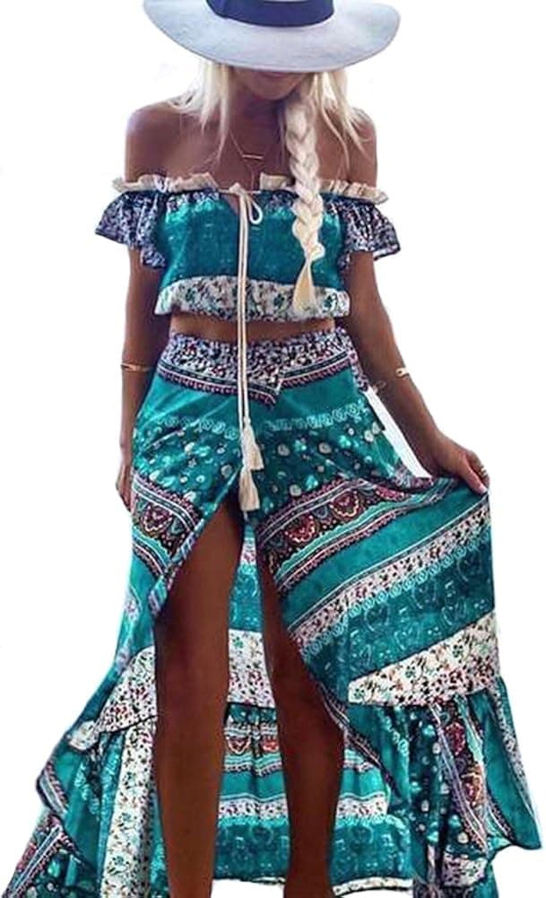 ETCYY Women's Off The Shoulder Crop Top and Maxi Skirt Set Summer Beach Long Dress 2 Pieces
