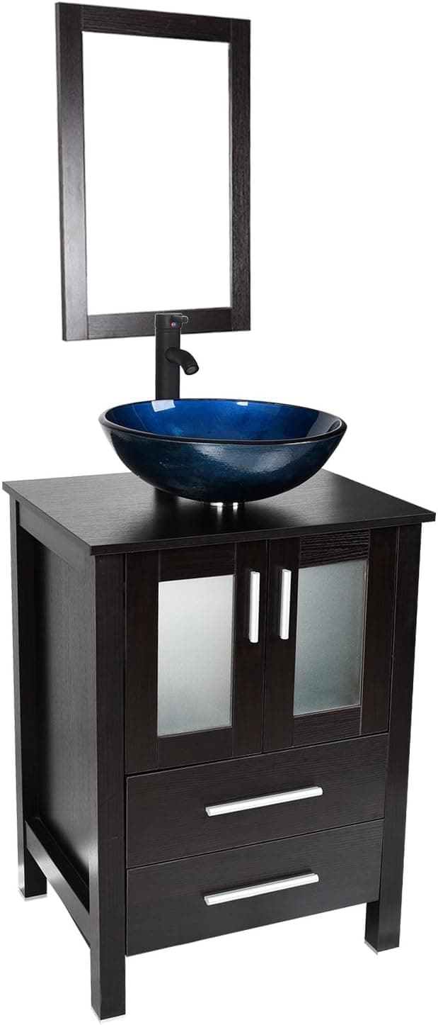 ELECWISH Modern 24 inch Bathroom Vanity Floor Cabinet with Mirror Counter Top Tempered Glass Vessel Sink ORB Faucet Pop Up Drain Combo Ocean Blue