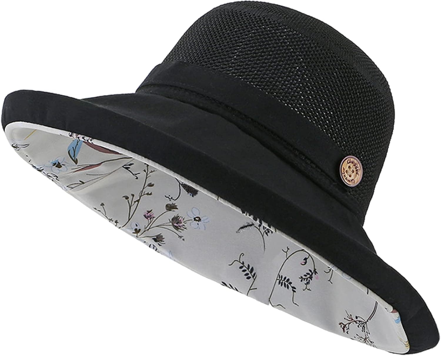 Women's Beach Sun Hats, Summer Mesh Lightweight Floral Fishing Cap with Chin Strap, UV Protection Wide Brim Travel Hats