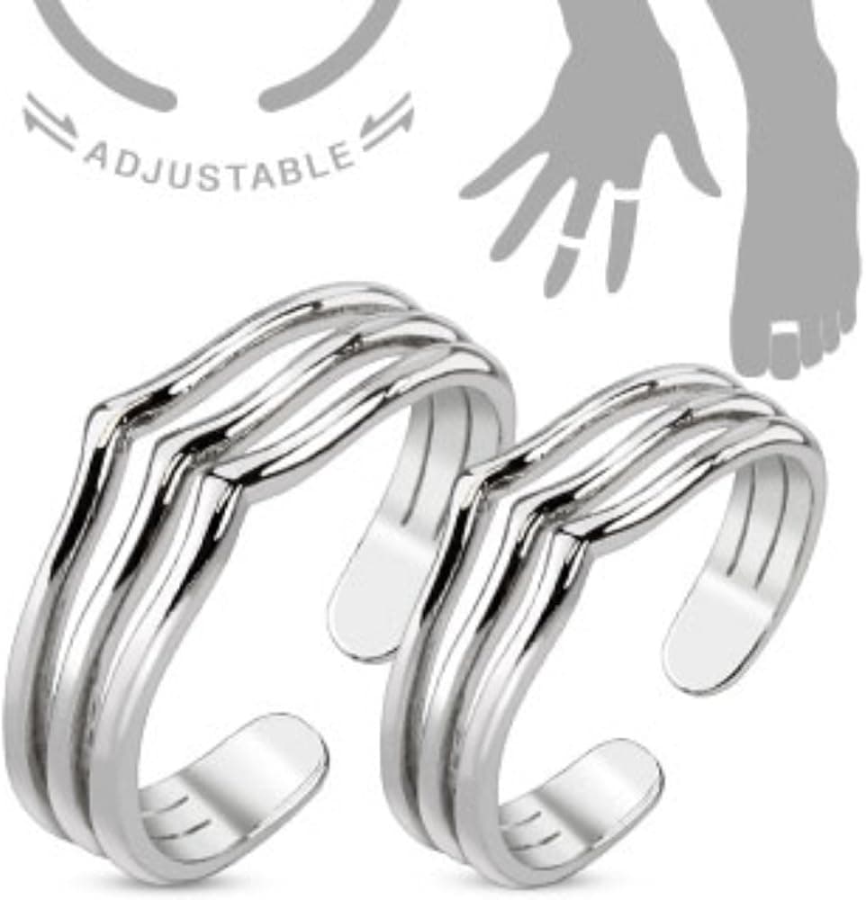 Freedom Fashion Polished Triple Lines Mid-Ring/Toe Rings Rhodium Plated Brass