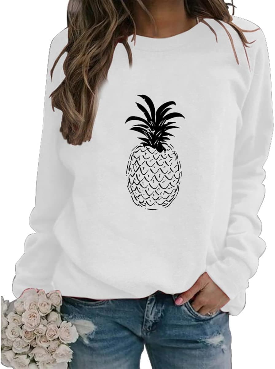 Womens Cute Pineapple Graphic Sweatshirt Long Sleeve Loose Lightweight Pullover Crew Neck Casual Tops