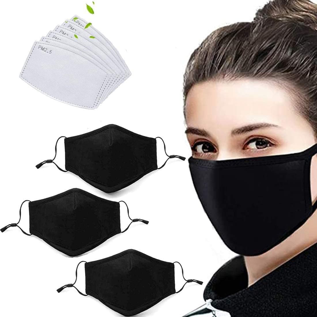 3 Pack Protective Covers with 6 Cotton Replacement Filter Sheet, Adjustable Reusable Cotton Covering Face and Mouth-Black