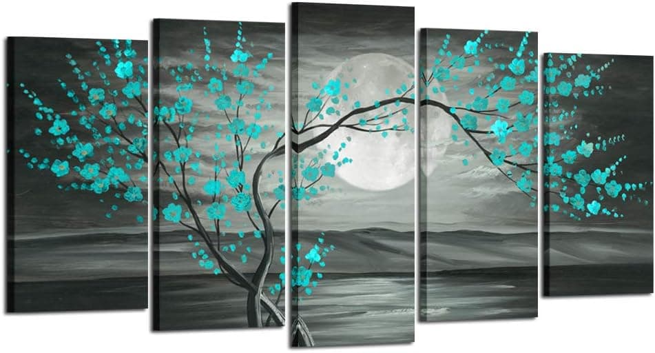 Kreative Arts Large 5pcs Canvas Wall Art Prints Teal Grey Plum Blossom Tree Full Moon Paintings Contemporary Decorative Artwork For Living Room Walls Decor Framed Ready To Hang (Large 60x32inch)