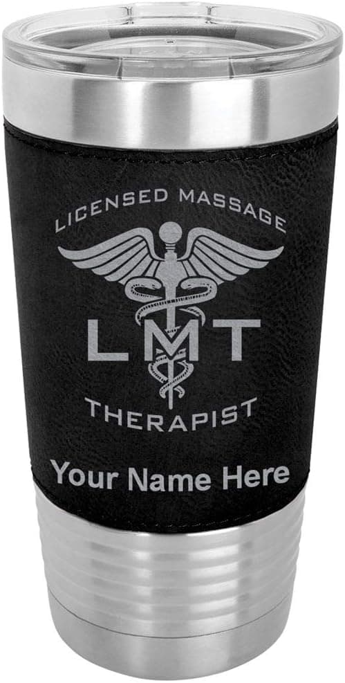 LaserGram 20oz Vacuum Insulated Tumbler Mug, LMT Licensed Massage Therapist, Personalized Engraving Included (Faux Leather, Black)