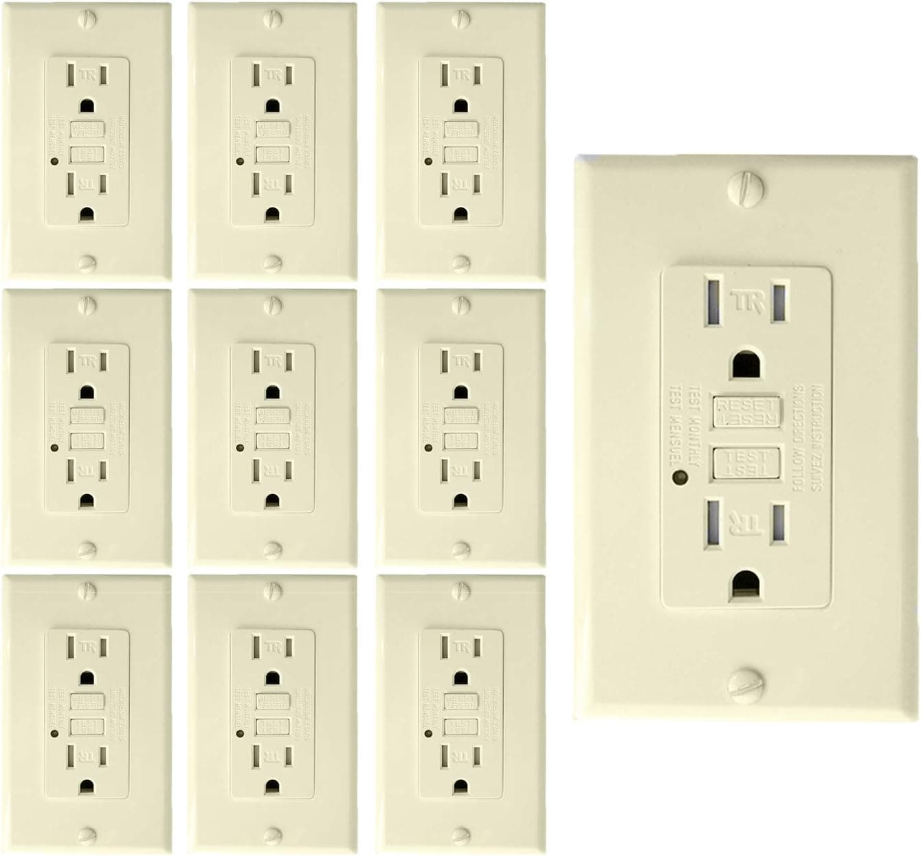 TEKLECTRIC - GFCI Receptacle 15A 125V Tamper Resistant Outlet + Wall Plate - GFCI Outlet 15 AMP 125 VOLT Grounded - Wall Plate and Screws Included BEIGE (10 Pack)