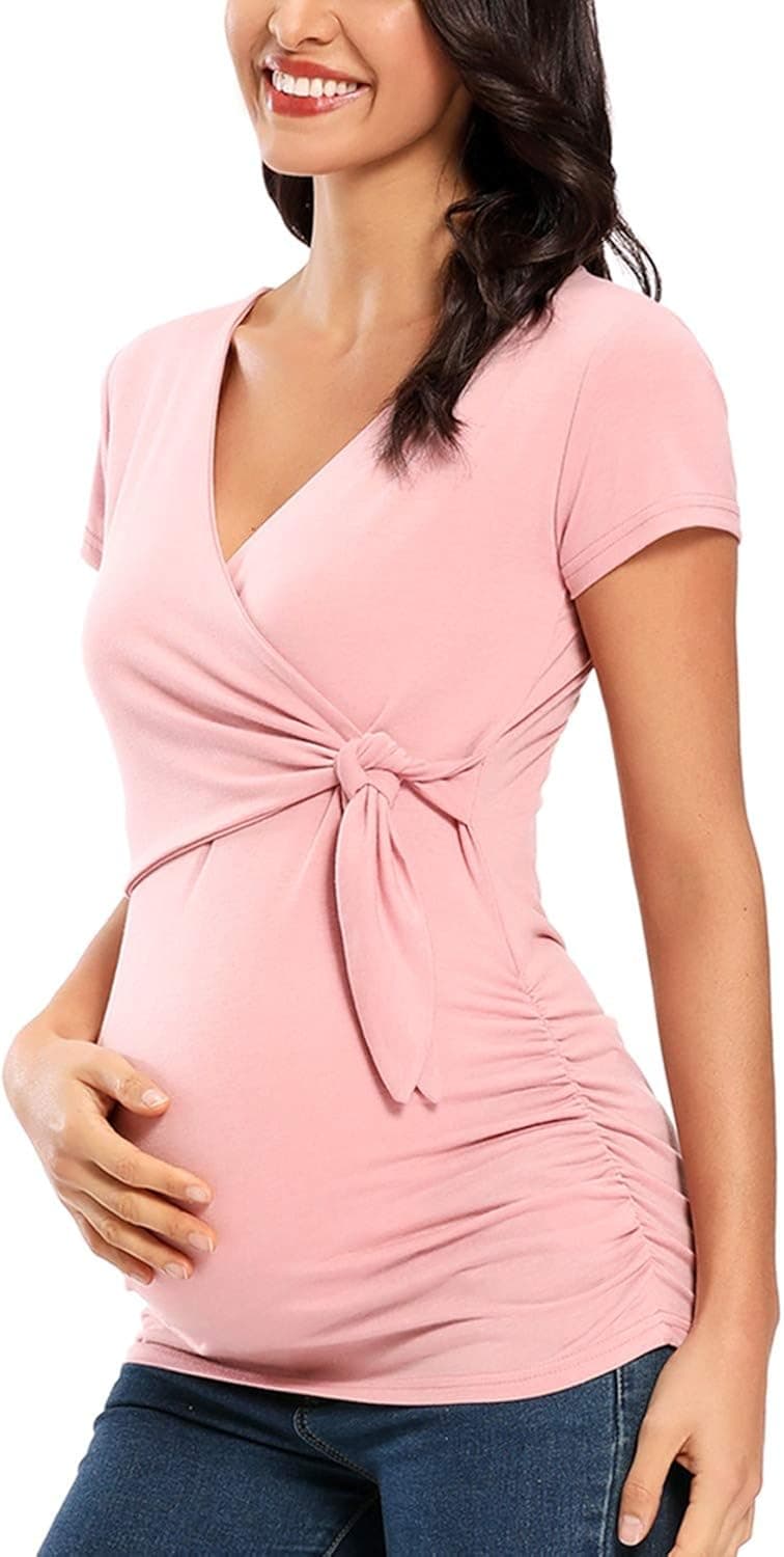 Glampunch Women's Maternity Shirts Short & Long Sleeve Tie Front Wrap Maternity Tops