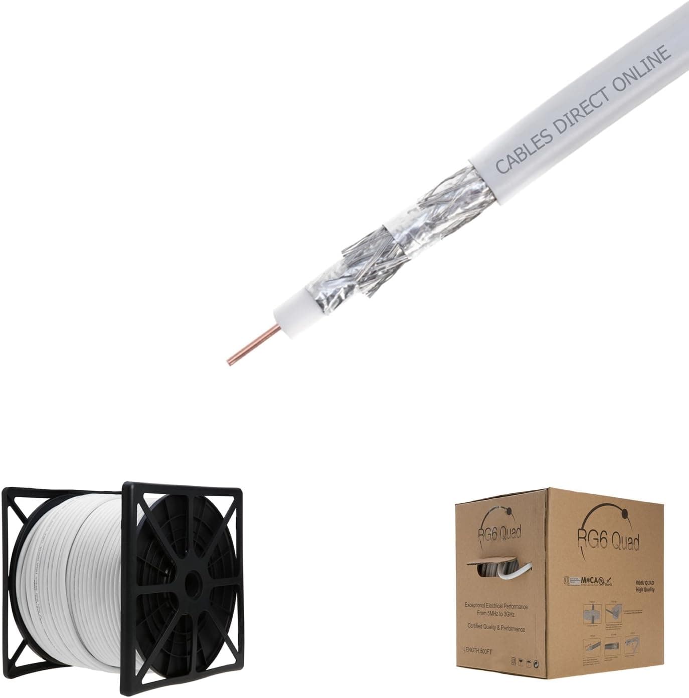 Cables Direct Online 500FT White RG6 Quad Shielded Coax Cable Satellite TV Coaxial Wire, 18 AWG Copper Clad Steel Conductor, Foam PE Core, 60% Aluminum Braid, PVC Jacket, Reel in Box