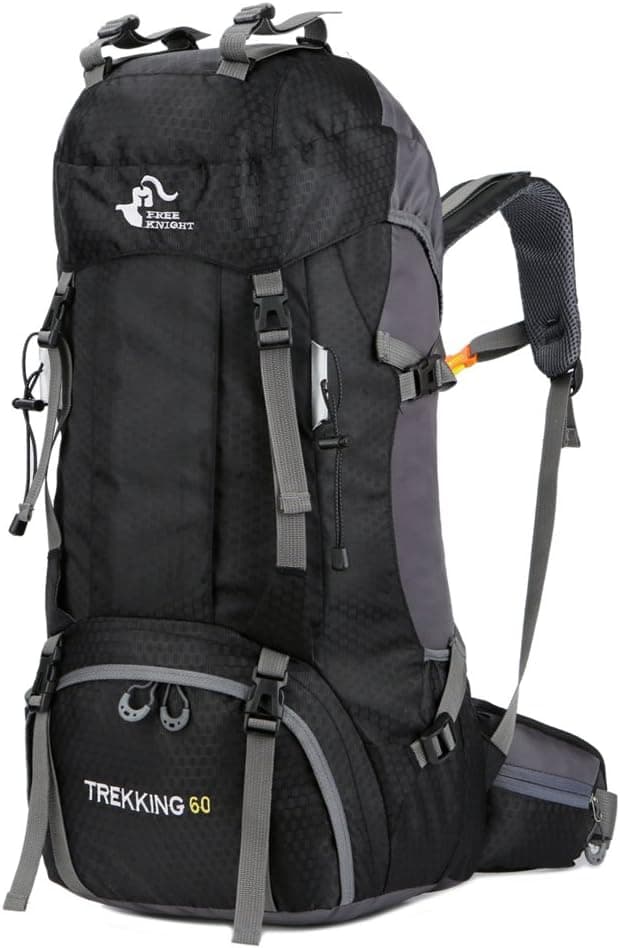 FreeKnight 60L Waterproof Lightweight Hiking Backpack Outdoor Sport Daypack with Rain Cover Camping Travel Bag for Climbing Fishing Men Women, Black
