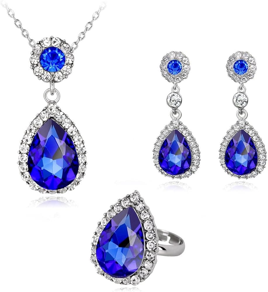 Ezing 3 PCS Jewelry Set for Women Crystal Pendant Necklace Earring Ring