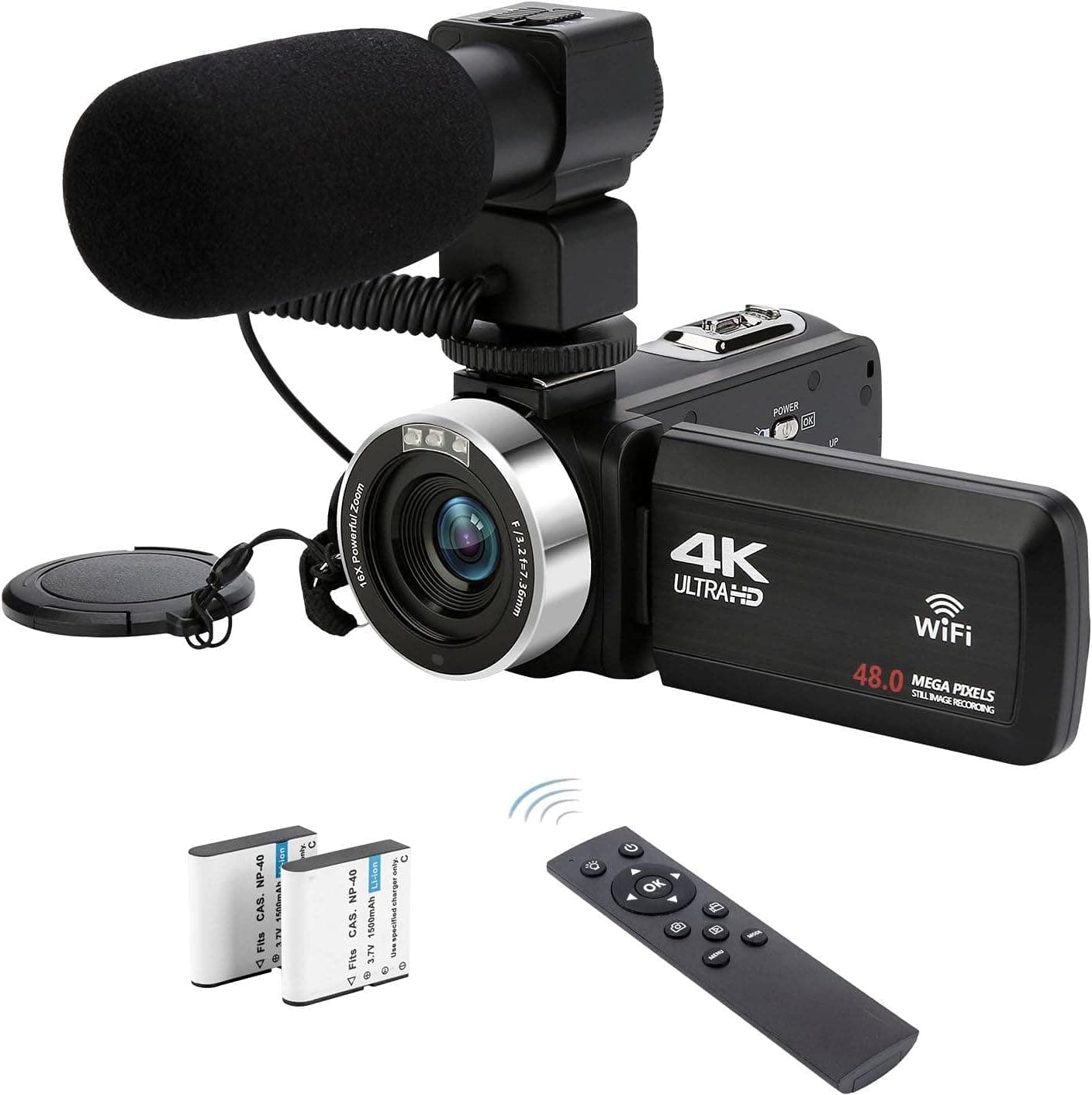 VETEK 4K Video Camera Camcorder, 48MP 18X Digital Zoom Camera for YouTube, WiFi IR Night Vision 3.0 inch Touch Screen Vlog Camera, with External Microphone, Lens Hood, Stabilizer, Fill Light