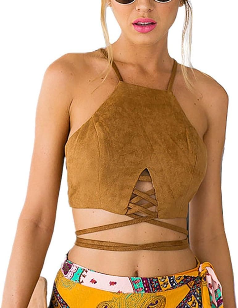 RUIGO Women's Strappy Hatler Bra Bustier Cami Crop Tank Tops