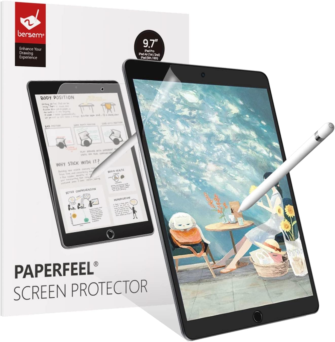 bersem [2 Pack Paperfeel Screen Protector Compatible with iPad 6th Generation 9.7 inch, iPad 9.7 Matte PET Film for Drawing, Anti-Glare and Paperfeel iPad Pro 9.7 Inch/iPad Air 2 / iPad Air
