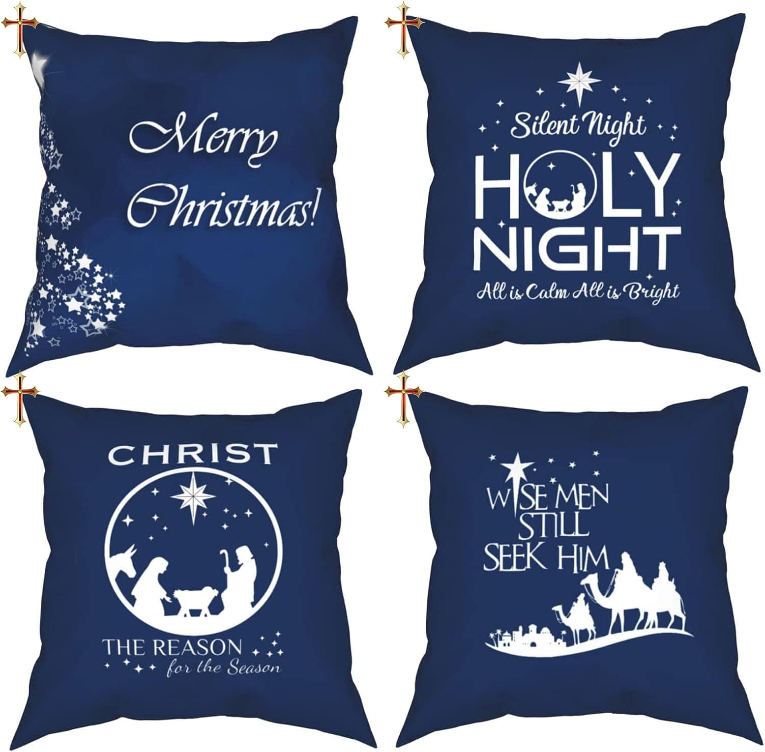 Set of 4 Christmas Throw Pillow Covers - Nativity Pillow Cases Square Pillow Cushion Case for Home Office Living Room Outdoor Car 18 X 18 Inches Double-Sides Printing