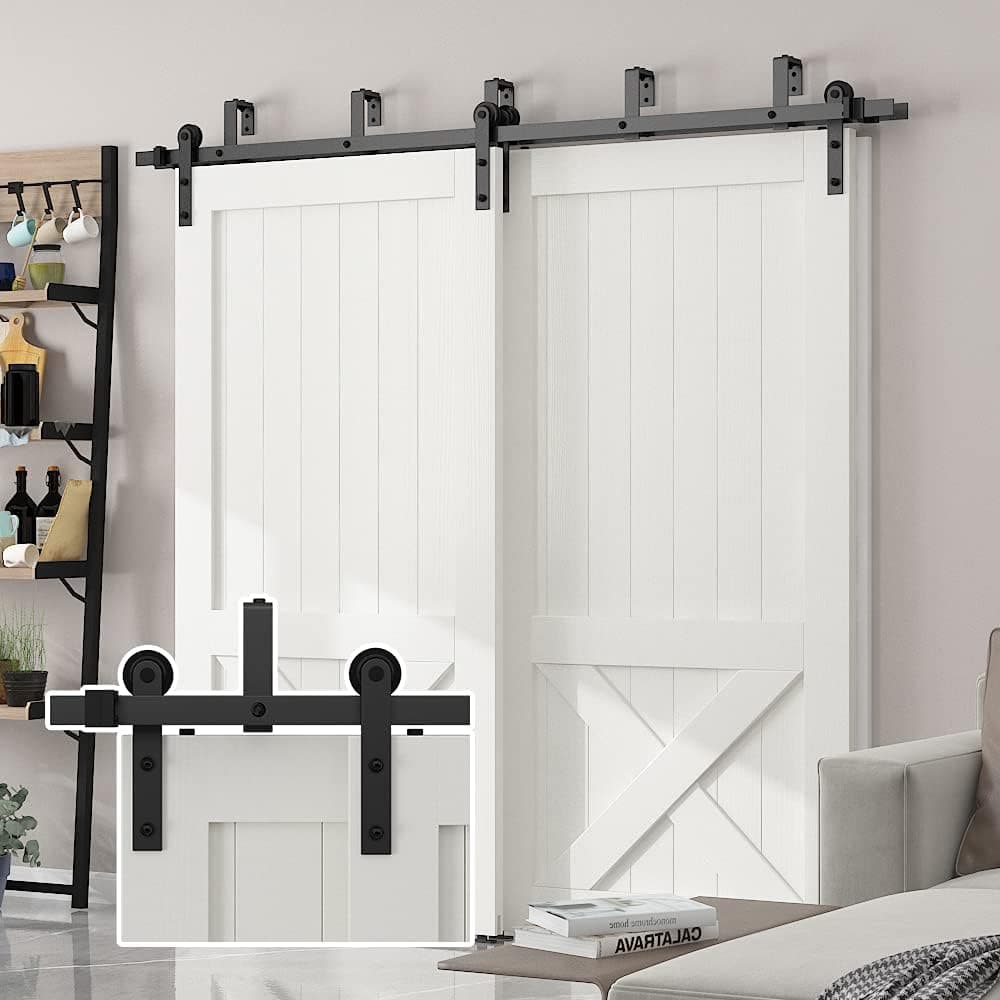 skysen 4FT Low Ceiling Heavy Duty Sliding Barn Door Hardware Double Track Bypass Double Door Kit Black(Bypass I Shape-2)