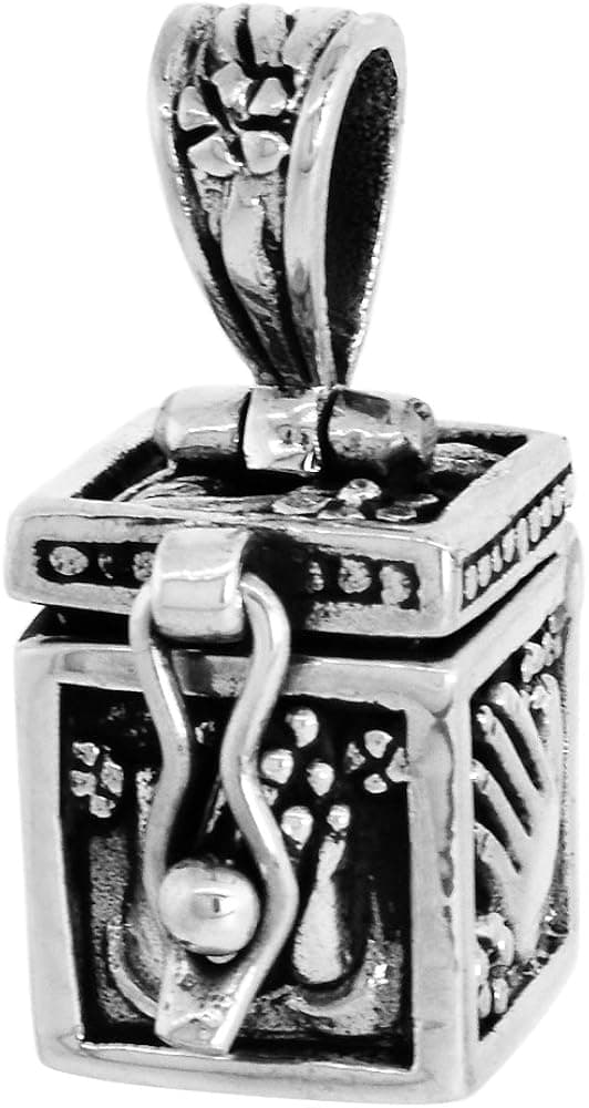 Sterling Silver Prayer Box Necklace Praying Hand Design 3/8 inch with 2mm Rolo Chain
