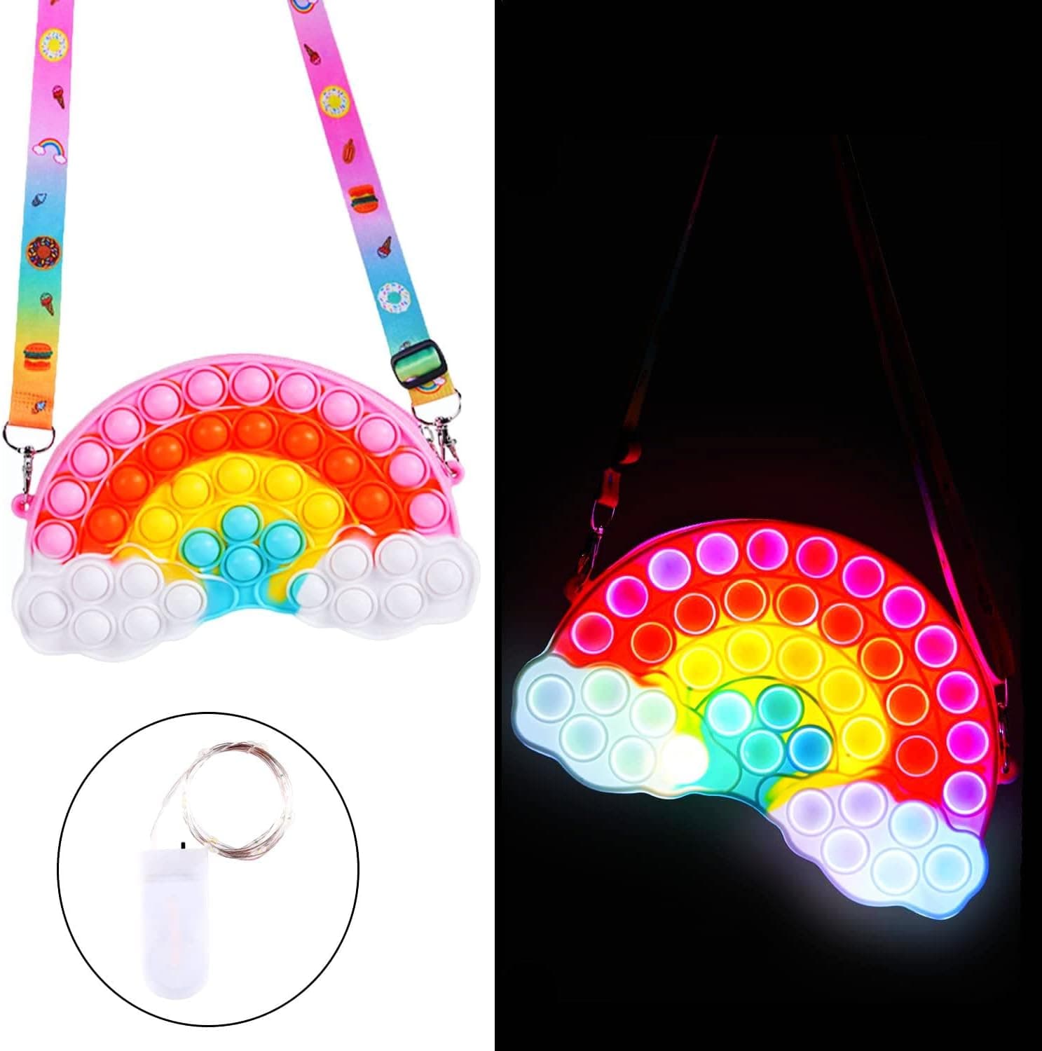 Pop Purse for Girls Pop Fidget Shoulder Bag for Girls, Popular Rainbow Clouds Popper Fidget Purse Christmas Party Favors, Sensory Silicone Pop Fidget Rainbow Bag (String Lights Included