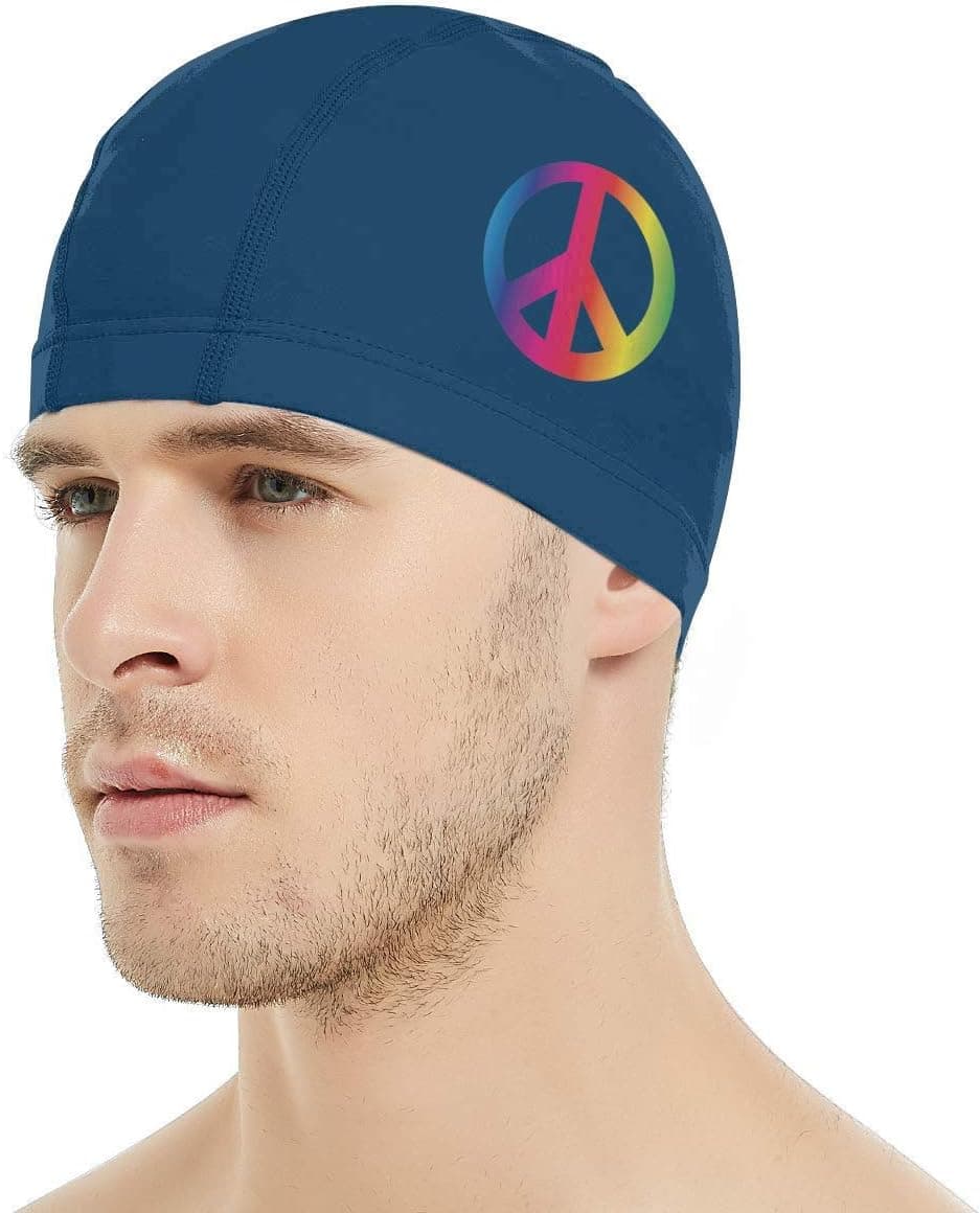 Dunpaiaa Rainbow Peace Sign Pride Swim Cap, 3D Ergonomic Design Swimming Cap for Women Men Long Hair Short Hair Adult Swim Cap