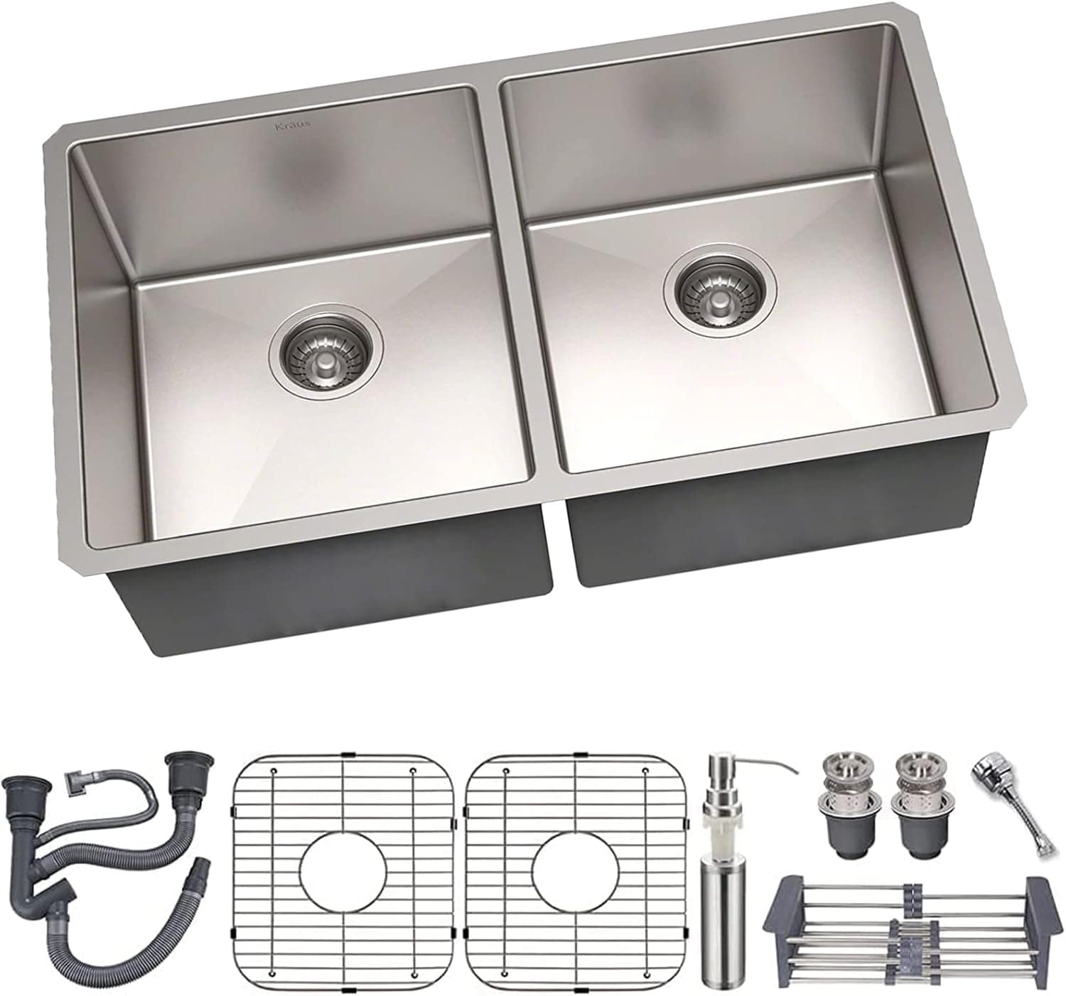 UnderMount Kitchen Bar Sink, L32.75" x W 19" x D9" Stainlee Steel Drop In Double Bowl Kitchen Sink with Bottom Grid,Faucet Sprayer, Drain Strainer Set for Modern Kitchen Sink