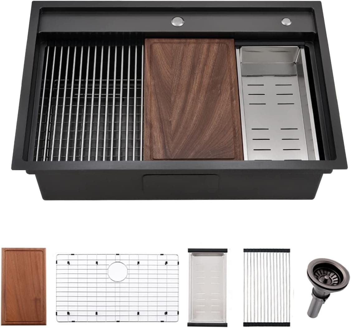 33 Inch Black Drop in Splash Guard Workstation Kitchen Sink - 33 Inch Topmount Single Bowl Kitchen Sink 16 Gauge Stainless Steel 10'' Deep Handmade Kitchen Sink with Cutting Board& Strainer