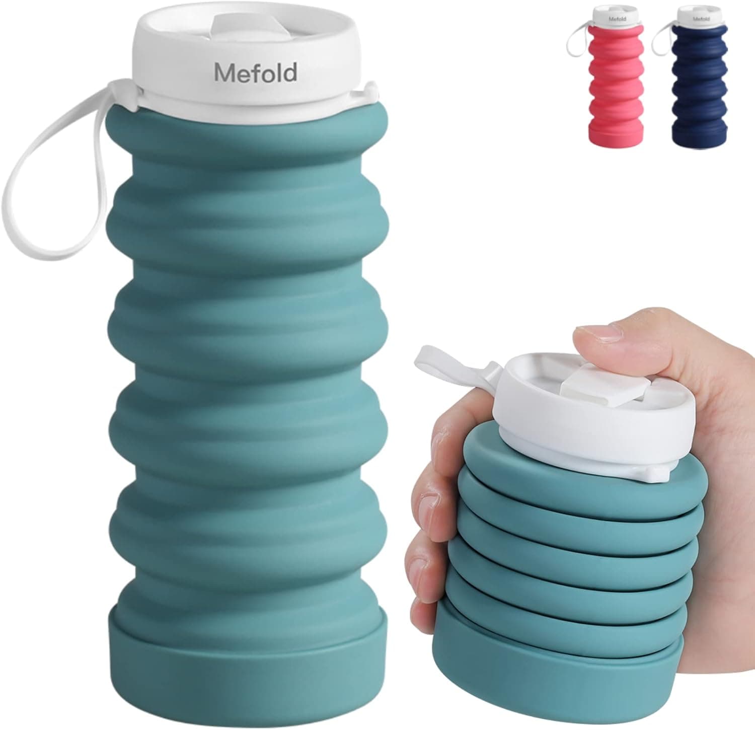 Mefold Collapsible Water Bottles 20oz BPA-Free Sports Travel Gym Bike Water Bottles with Strap Running Squeeze Portable Leakproof Silicone Water Bottle for Cycling Walking Hiking 600ML (Green)