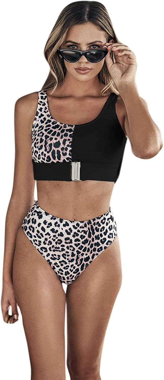 Floerns Women's High Waist Leopard Bikini Buckle Front Two Piece Cheetah Swimsuit Black M