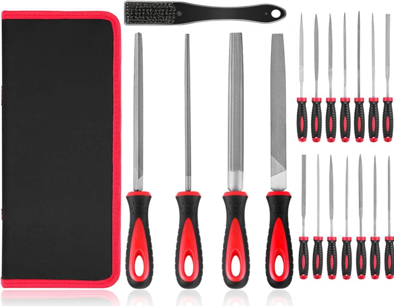 19 Pcs Files Tool Set, Premium Grade T12 Drop Forged Alloy Steel, Includes Precision Flat /Triangle/Half-Round/Round Large File and 14Pcs Needle Files/1 Brush, Complete in a Zipper Carry Case