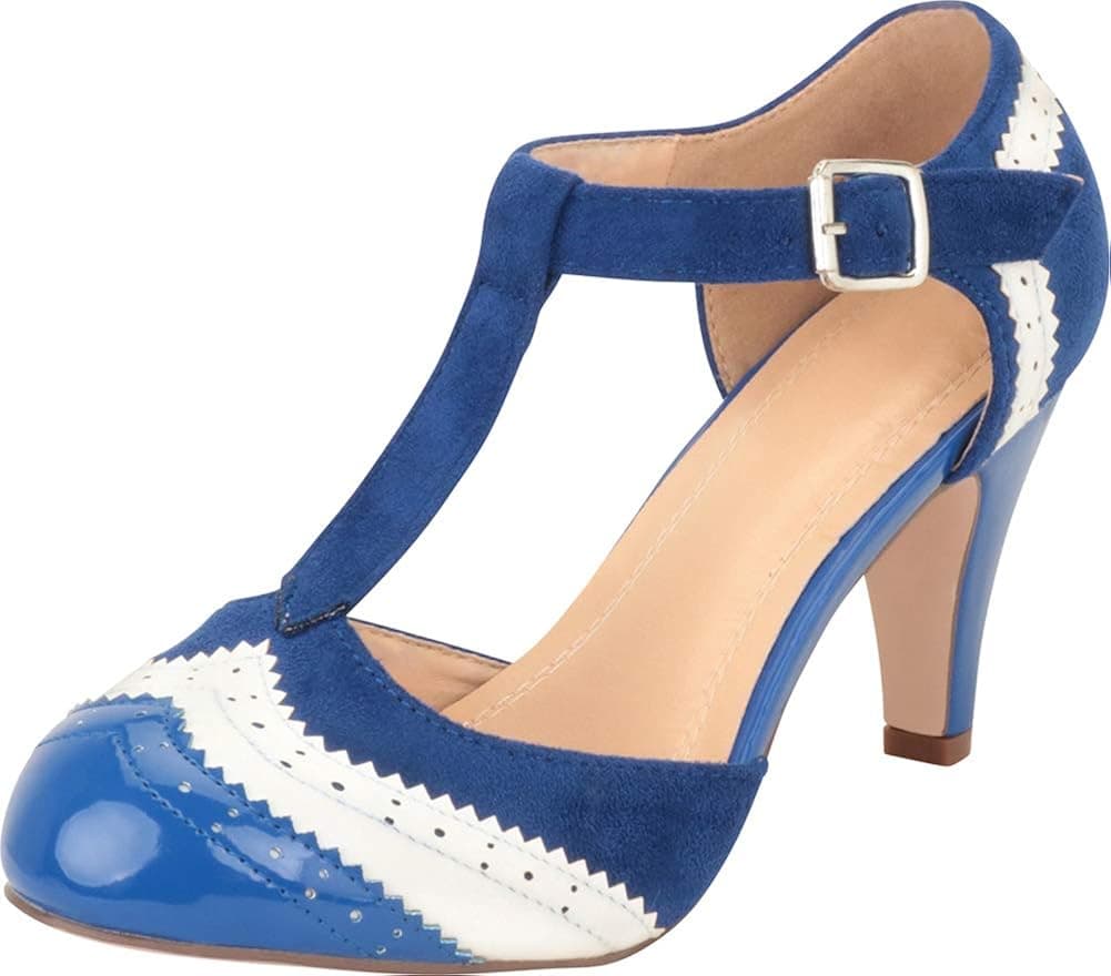 Cambridge Select Women's T-Strap Wingtip Style Cut Out Mid Heel Dress Pump,9 M US,Navy/White