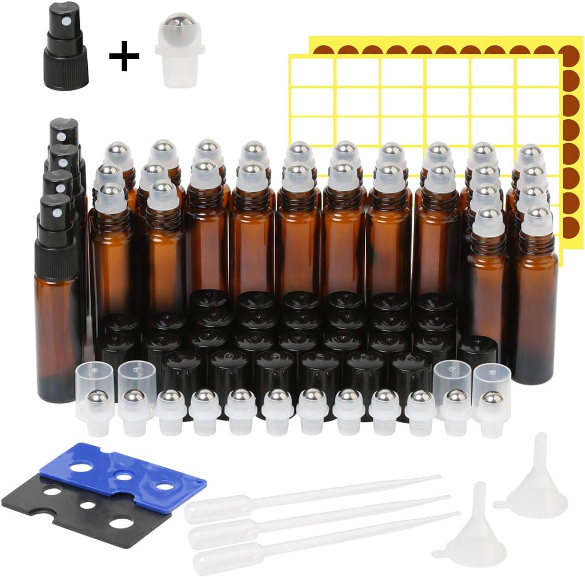 Essential Oil Roller Bottles,30 Pack 10ml Amber Glass Roller Bottles with Stainless Steel Roller Balls(4 Extra Spray,8 Extra Roller Balls,3 Dropper,2 Funnel,2 Opener,138 Label)