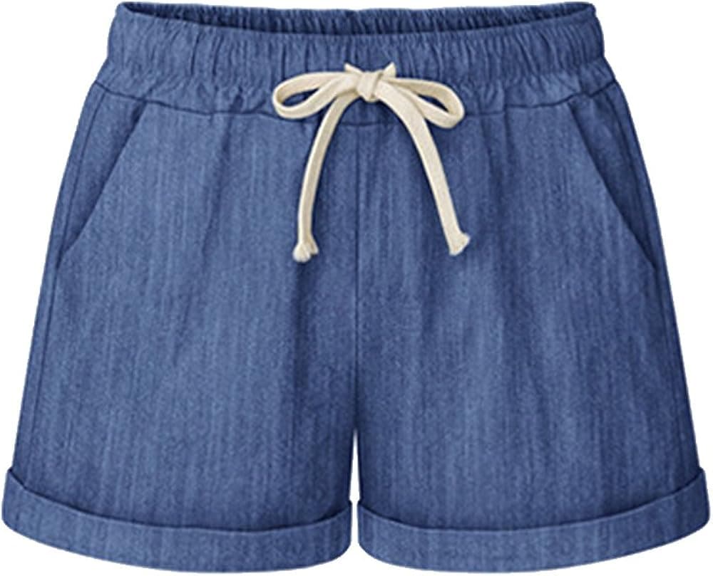 Sobrisah Women's Drawstring Elastic Waist Casual Comfy Cotton Linen Beach Shorts Chambray Tag XXL-US 12