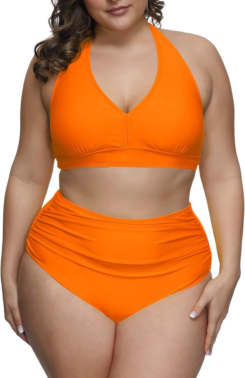 Pink Queen Women's 2 Piece Plus Size High Waisted Swimsuits Ruched Tummy Control Bikini Set