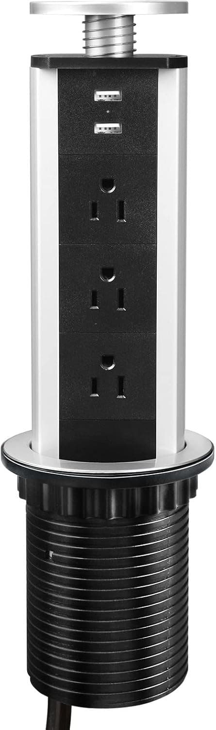Kungfuking Pulling Pop Up Outlet Socket Recessed Retractable Power Strip Charging Station with 3 US Plug and 2 USB Ports for Kitchen Counter Island Conference Office, Black