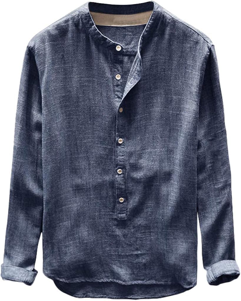 Mens Mandarin Collar Shirts Long Sleeve Casual Cotton Linen Solid Color Button Down Shirt Relaxed Fit Plus Size Shirts Top
