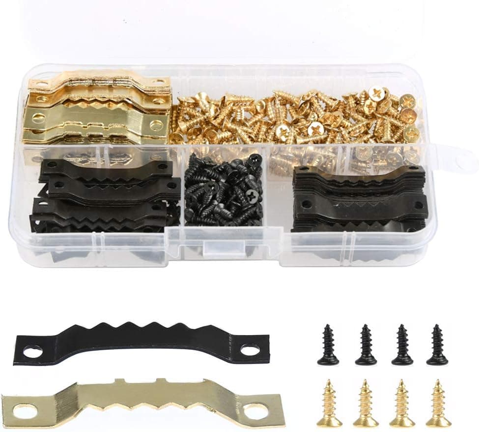 FOCCTS 120Pcs Picture Hangers Kit, Sawtooth Picture Hangers with Screws Double Hole, Metal Picture Frames Hangers Set for Paintings Artwork Picture Photos Frame Hook, 2 Colors - Golden and Black