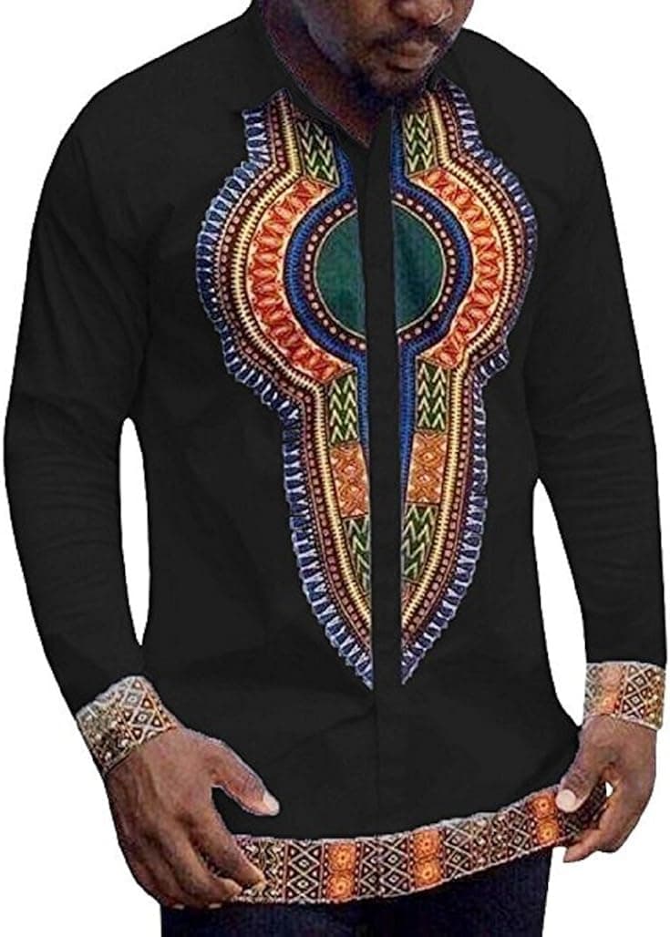 Huiyuzhi Men's African Dashiki Long Sleeve Print Tops (2XL, Black)