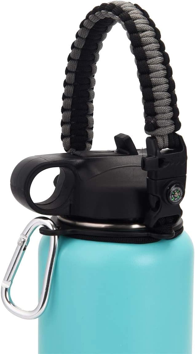 Paracord Handle for Wide Mouth Water Bottles(12oz-64oz), Durable Survival Strap Carrier Cord with Safety Ring,Carabiner,Fire Starter,Compass and Whistle fits Hydro Flask & Other Brand,Grey/Black