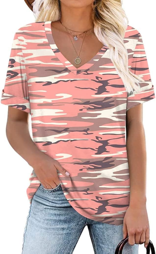 LONGYUAN Women's V-Neck T-Shirts Summer Casual Short Sleeve Tops Loose Blouse Fit Tunic Soft
