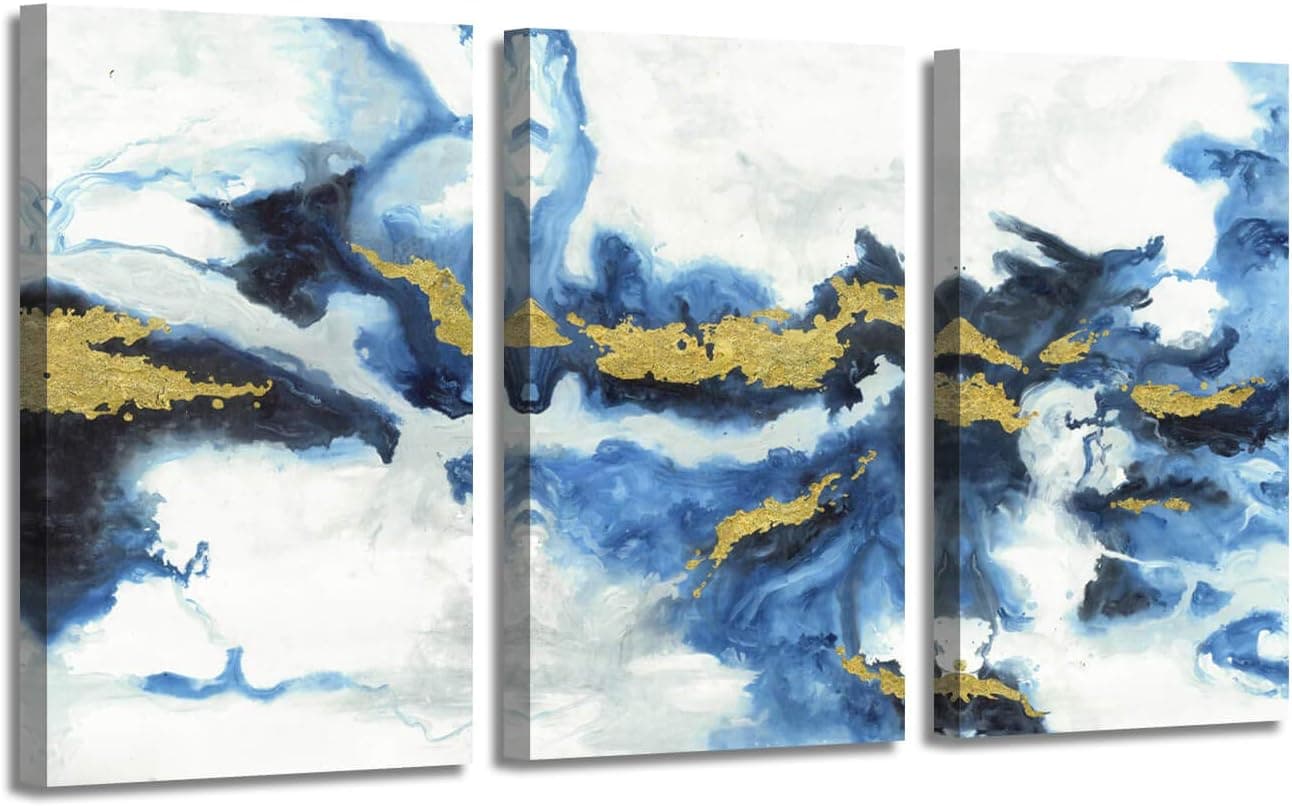 ARTISTIC PATH Abstract Wall Art Canvas Picture: Blue Artwork Gold Foil Painting for Living Room (Overall 48" W x 26" H,Multi-Sized)