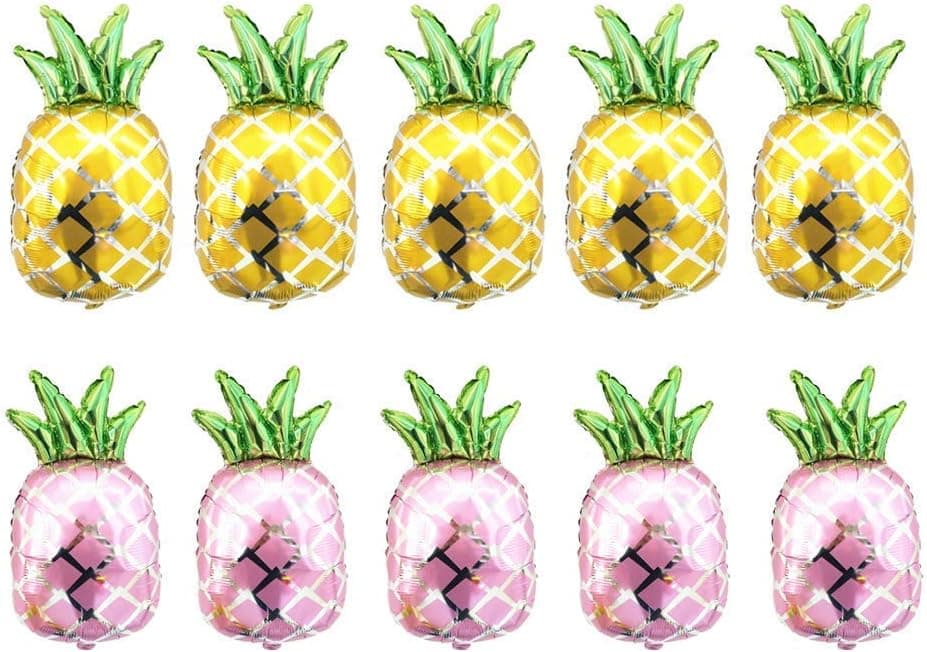 10-Pack Pineapple Foil Balloons Mylar Helium Balloons Hawaiian Summer Beach Party Decor Gold+Pink