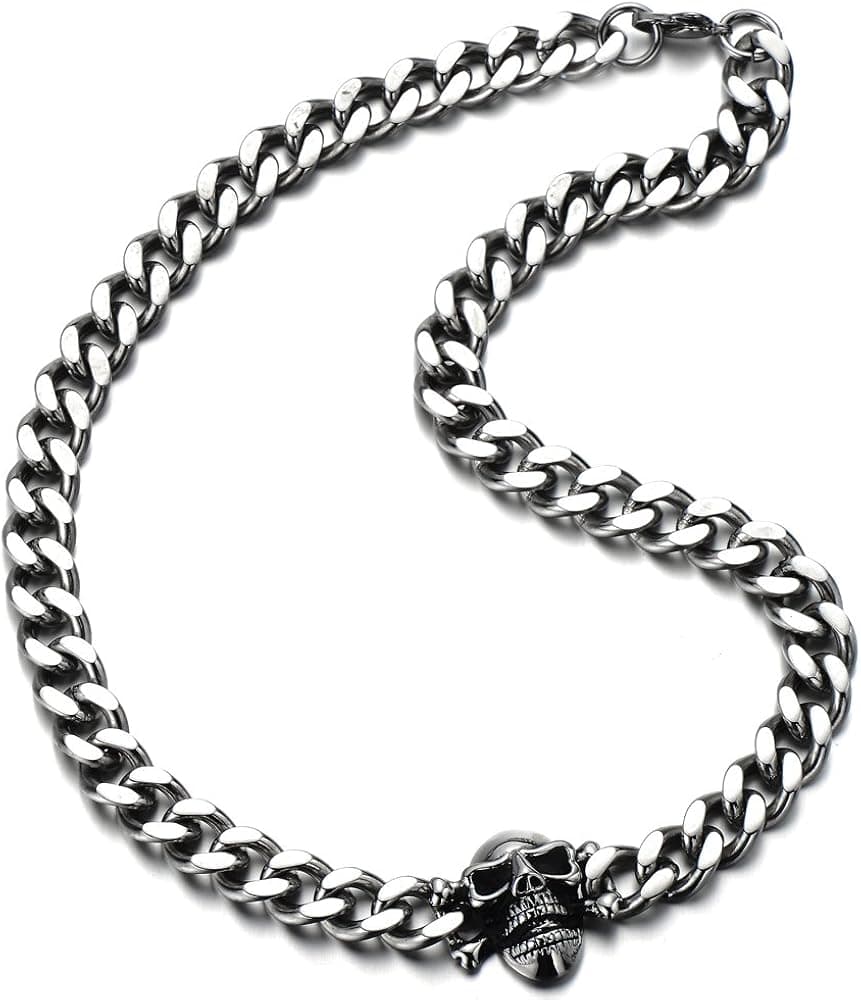 Mens Stainless Steel Curb Chain Skull Necklace Gothic Style