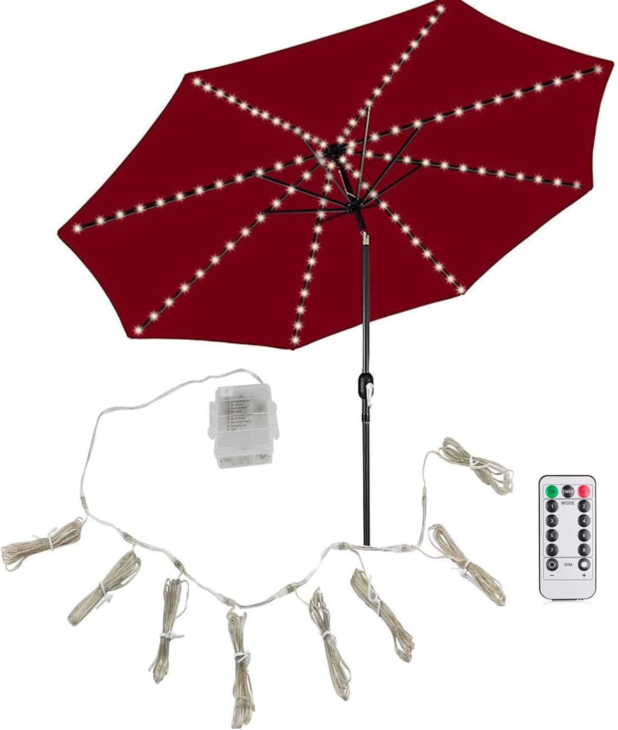 WeiMeet Patio Umbrella Lights, 8 Lighting Mode 104 LED String Lights Battery Operated Waterproof Outdoor Lighting with Remote Control Umbrella Lights (Warm White)