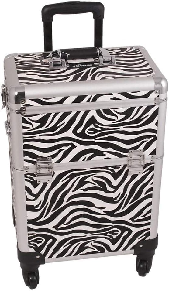 Sunrise White Interchangeable 4-Wheels Zebra Textured Printing Professional Rolling Aluminum Cosmetic Makeup Case With Removable Tray and Dividers - E6301