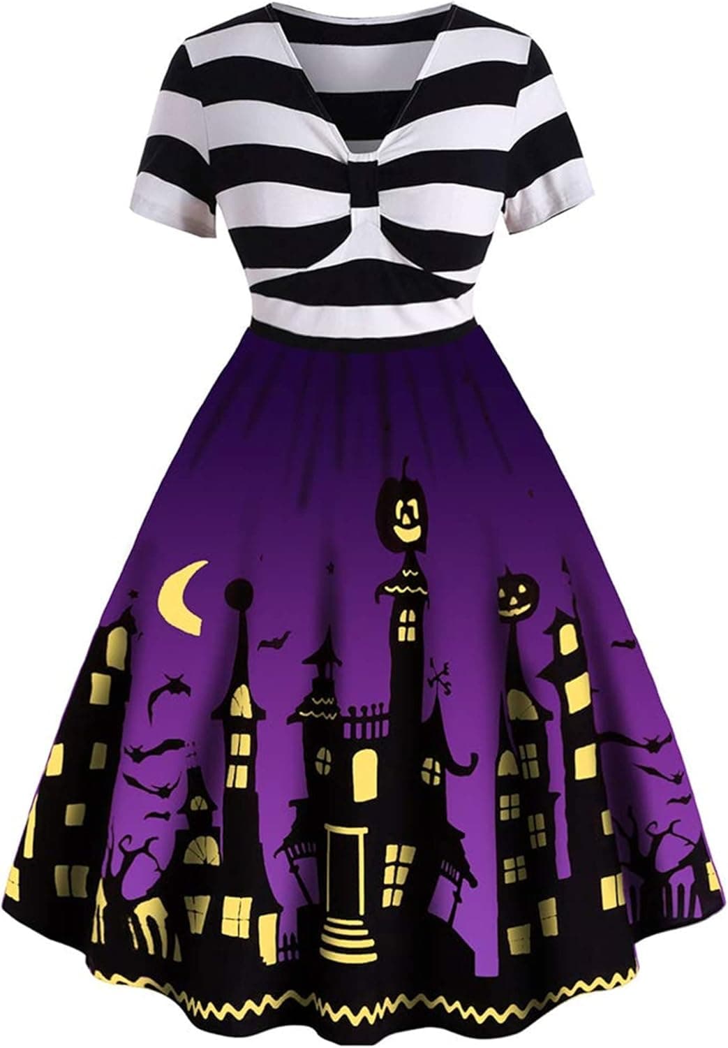 ZEZCLO Women's Plus Size Halloween Dress Funny Striped Pumpkin Halloween Costume Flared Dresses