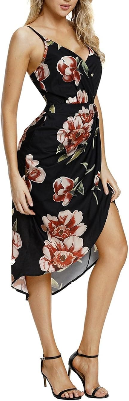 Womens Wrap V Neck Spaghetti Strap Summer Dress Floral Sleeveless Casual Midi Dresses