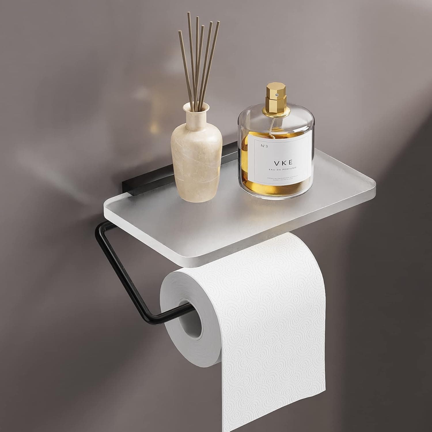 DIHAF Black Toilet Paper Holder with Shelf,Wall Mounted Bathroom Tissue Roll Dispenser with Detachable Frosted Crystal Acrylic Storage Shelf,Suit for Bathroom,Kitchen and Bedroom