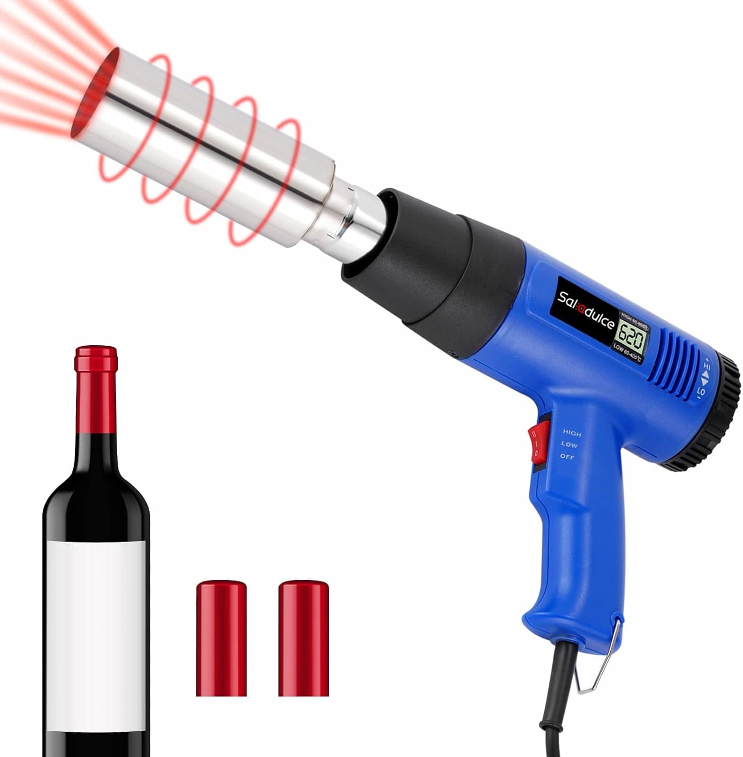 PVC Capsule Heat Shrinker Wine Capsule Heat Shrinker 40-600℃ Digital Heat Shrink Gun for PVC PP POF Wine Capsules Wrapping, Two Speeds 110V