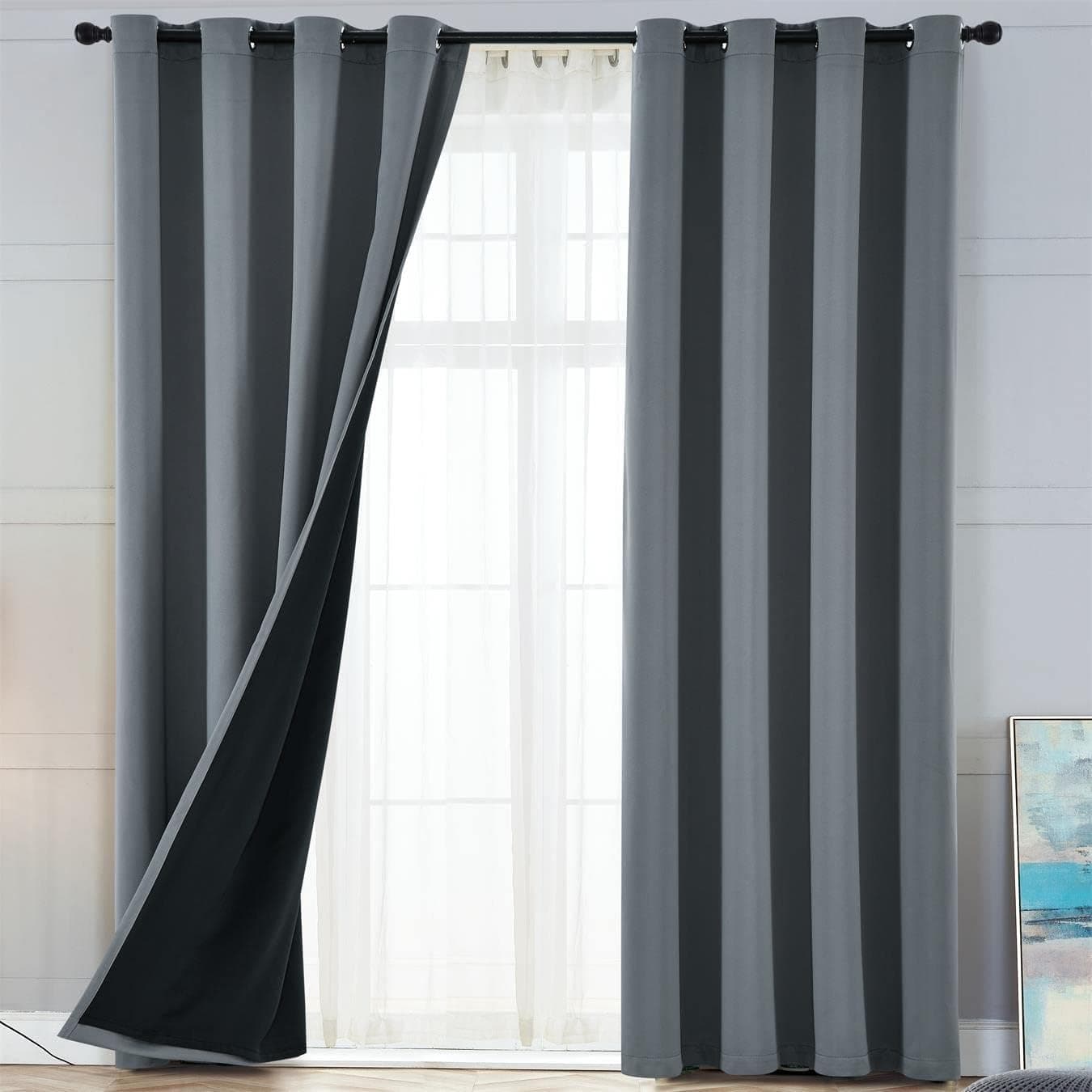 Wemina 100% Blackout Curtains 2 Panels Set for Bedroom Living Room 52 x 95 Inch Thermal Insulated Room Darkening Double Layer Drapes Dark Grey