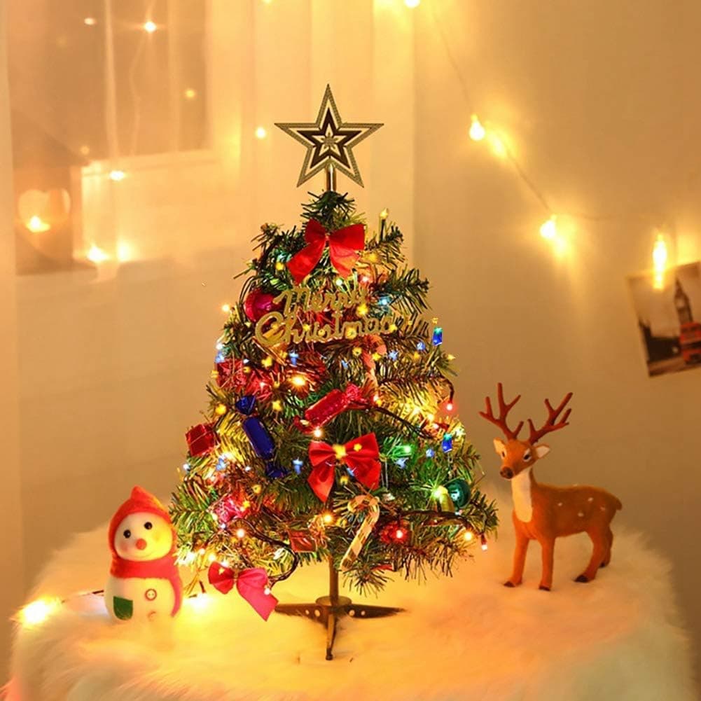 USLong Tabletop Xmas Tree Artificial Mini Christmas Pine Tree Decor with LED String Lights & Ornaments - Christmas Ball Pine Cones Christmas Tree Topper Star Christmas Bows (18inches)