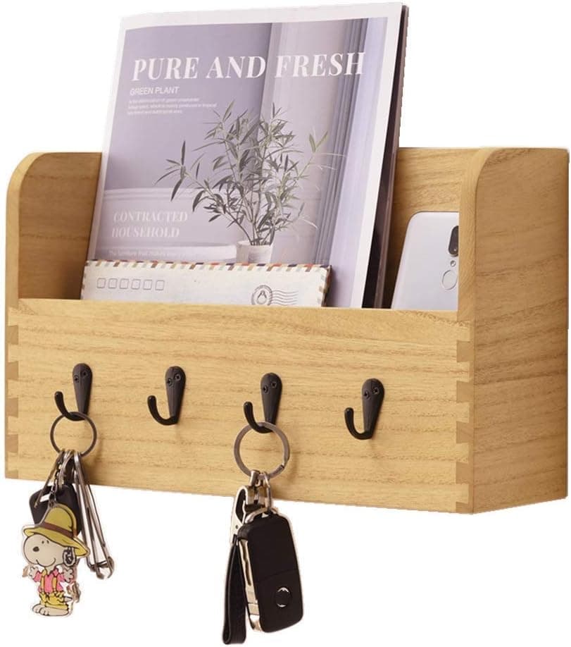 KIRIGEN Wood Wall Mount Mail Sorter Organizer with 4 Key Hooks Letter Keys Holder Vertical for Home & Office Key Storage Wall Shelf Natural