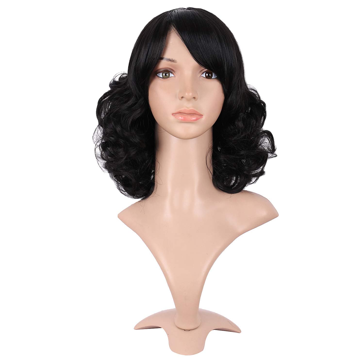 MapofBeauty 14 Inch/35cm Charm Side Bangs Fluffy Synthetic Curly Short Hair Wig (Black)